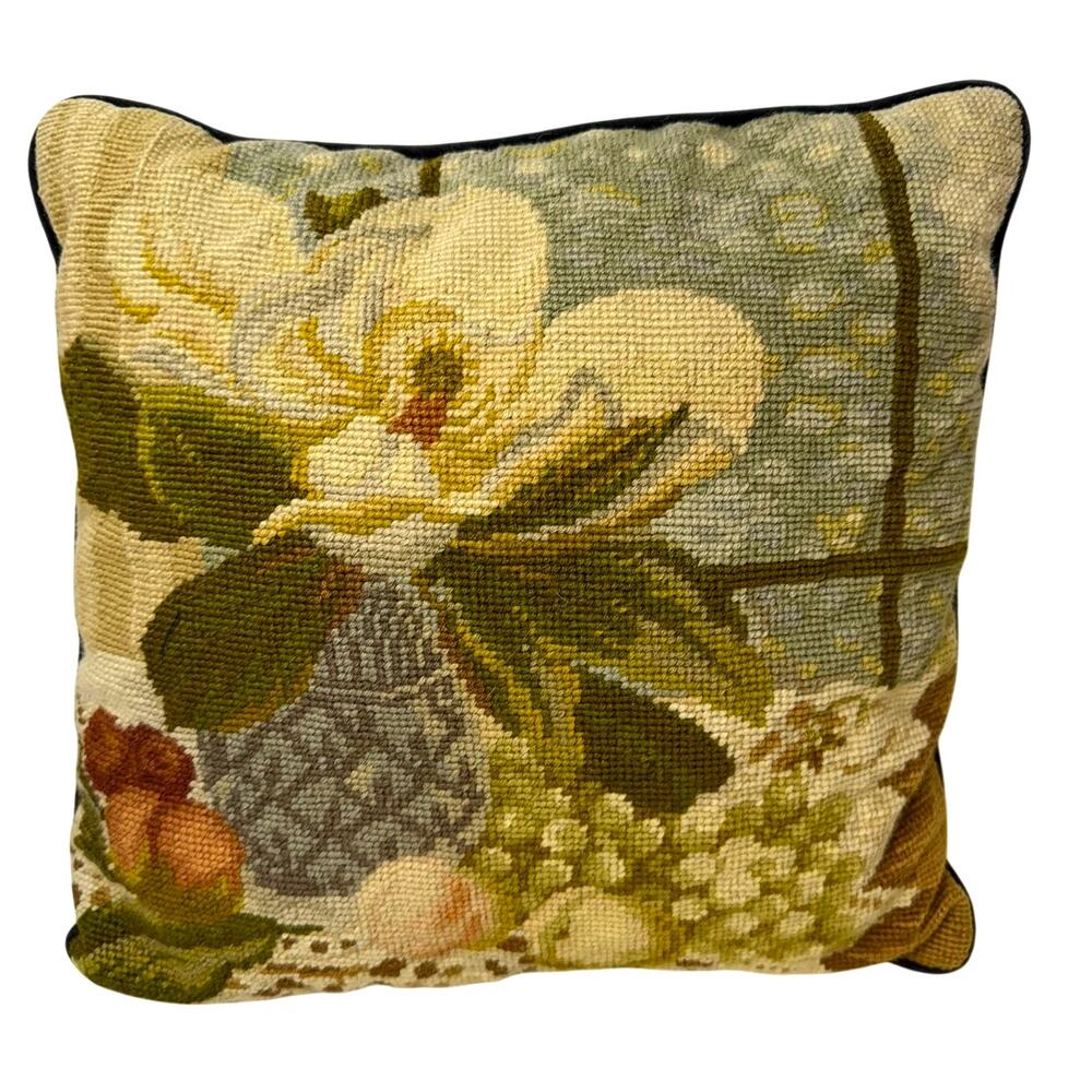 Vintage Needlepoint Pillow 14x14 Floral Botanical Velvet Back Zipper Cottage